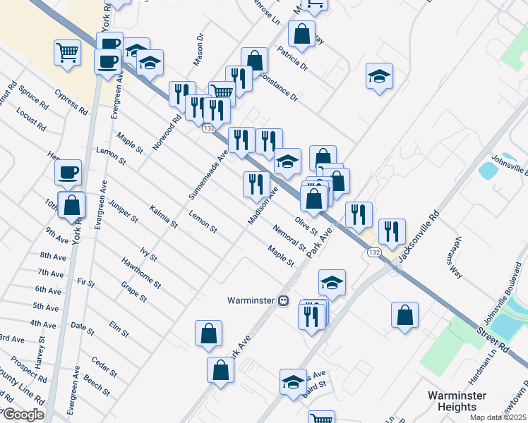 map of restaurants, bars, coffee shops, grocery stores, and more near 533 Madison Avenue in Warminster