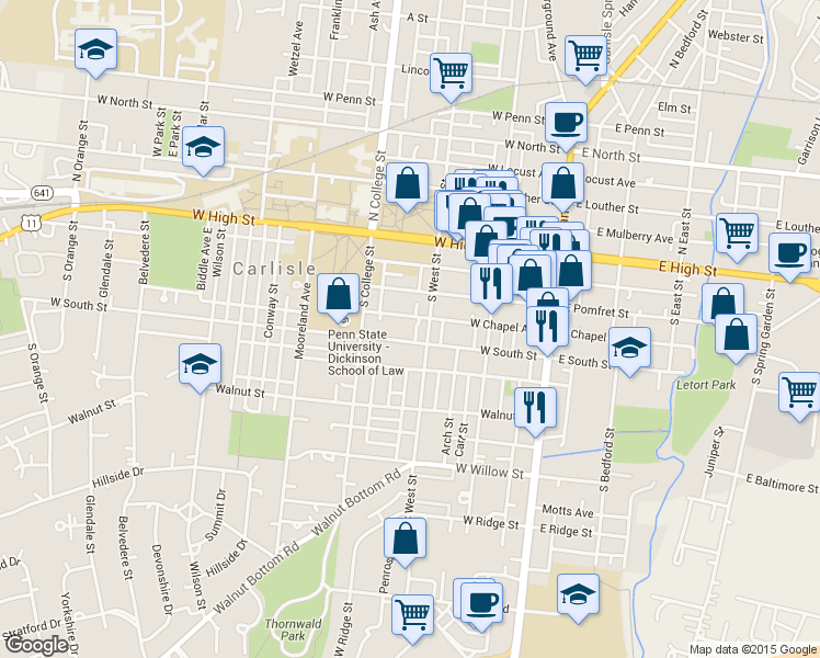 map of restaurants, bars, coffee shops, grocery stores, and more near 223 West South Street in Carlisle
