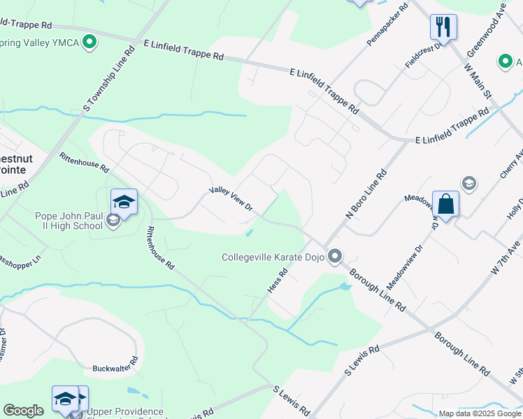 map of restaurants, bars, coffee shops, grocery stores, and more near 28 Valley View Drive in Collegeville
