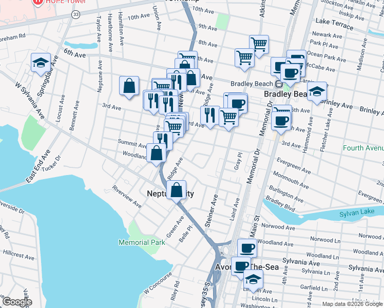 map of restaurants, bars, coffee shops, grocery stores, and more near 80 Hillside Avenue in Neptune City