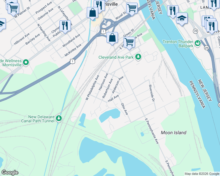 map of restaurants, bars, coffee shops, grocery stores, and more near 117 Robertson Avenue in Morrisville