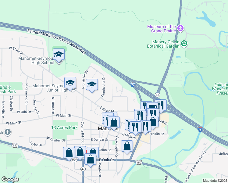 map of restaurants, bars, coffee shops, grocery stores, and more near 411 Weathering Drive in Mahomet