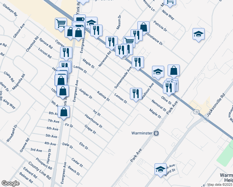 map of restaurants, bars, coffee shops, grocery stores, and more near 385 Lemon Street in Warminster