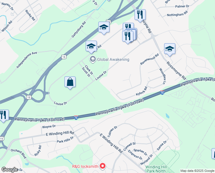 map of restaurants, bars, coffee shops, grocery stores, and more near 5159 Kylock Road in Mechanicsburg