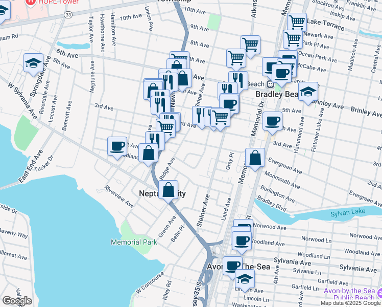 map of restaurants, bars, coffee shops, grocery stores, and more near 45 Ridge Place in Neptune City