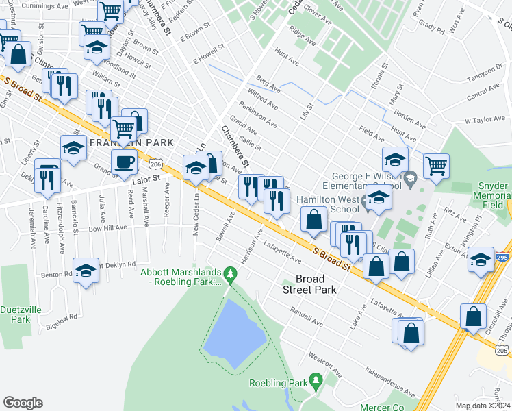 map of restaurants, bars, coffee shops, grocery stores, and more near 16 Lily Street in Hamilton Township