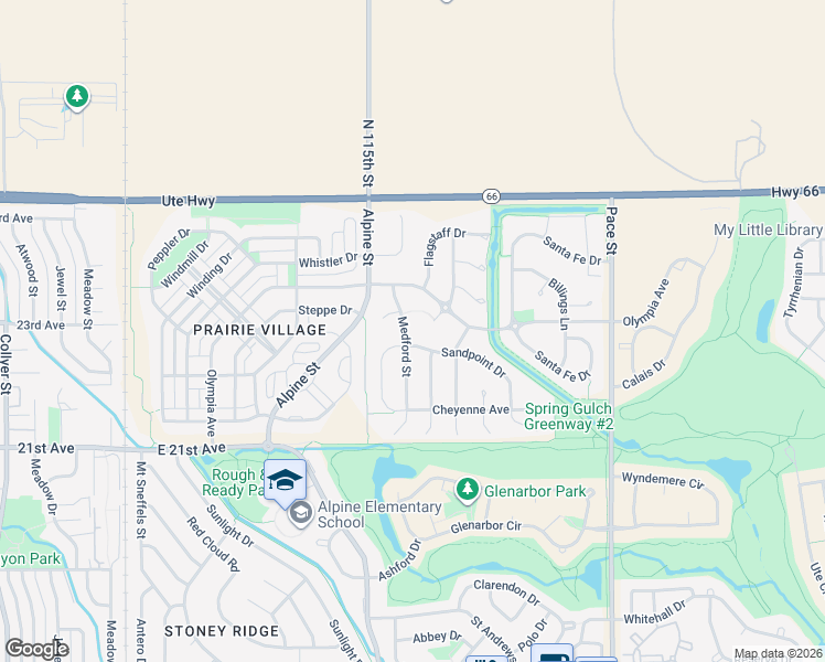 map of restaurants, bars, coffee shops, grocery stores, and more near 2226 Medford Street in Longmont