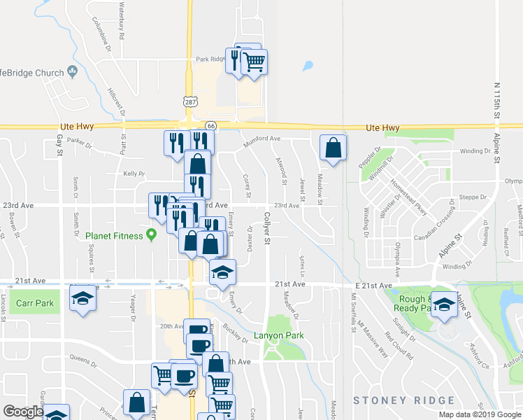map of restaurants, bars, coffee shops, grocery stores, and more near 2310 Collyer Street in Longmont