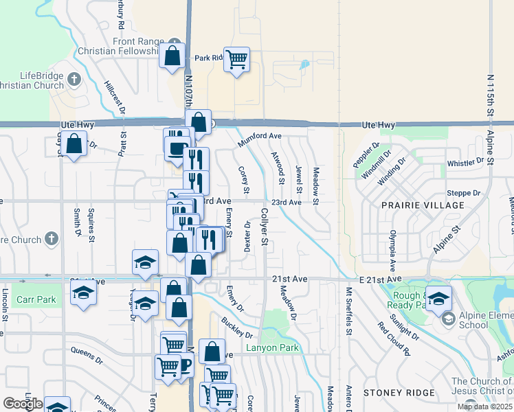 map of restaurants, bars, coffee shops, grocery stores, and more near 2310 Collyer Street in Longmont