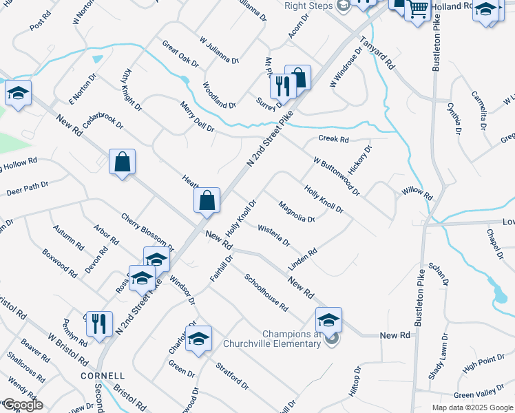 map of restaurants, bars, coffee shops, grocery stores, and more near 319 Holly Knoll Drive in Southampton