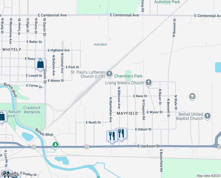 map of restaurants, bars, coffee shops, grocery stores, and more near 724 North Manhattan Avenue in Muncie