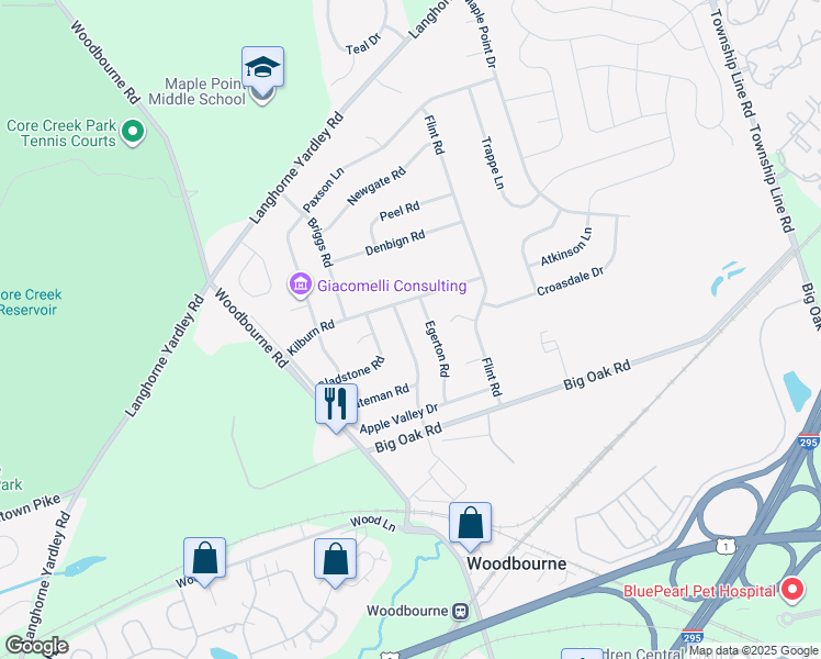 map of restaurants, bars, coffee shops, grocery stores, and more near 124 Chancery Road in Langhorne