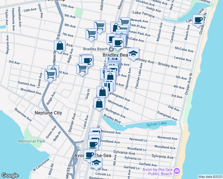 map of restaurants, bars, coffee shops, grocery stores, and more near 125 Main Street in Bradley Beach