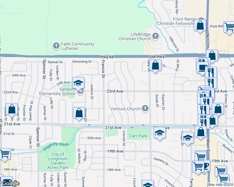 map of restaurants, bars, coffee shops, grocery stores, and more near 2315 Grant Street in Longmont