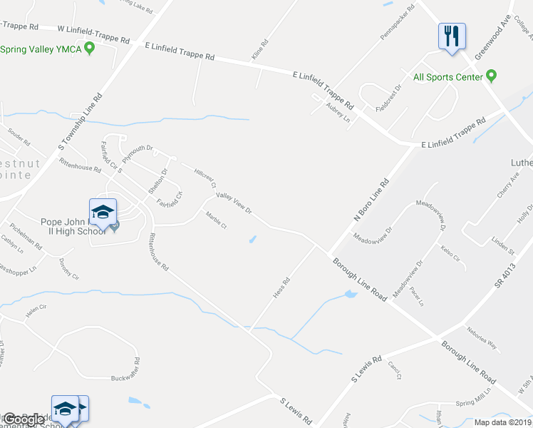 map of restaurants, bars, coffee shops, grocery stores, and more near 28 Valley View Drive in Collegeville