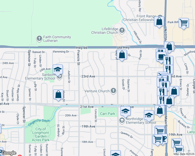 map of restaurants, bars, coffee shops, grocery stores, and more near 2306 Lincoln Street in Longmont