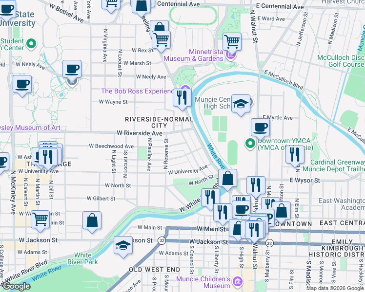 map of restaurants, bars, coffee shops, grocery stores, and more near 605 West Beechwood Avenue in Muncie
