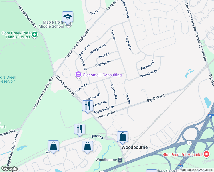 map of restaurants, bars, coffee shops, grocery stores, and more near 124 Chancery Road in Langhorne