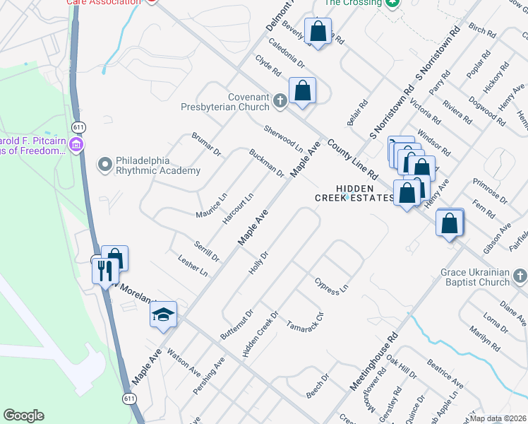 map of restaurants, bars, coffee shops, grocery stores, and more near 22 Maple Avenue in Hatboro