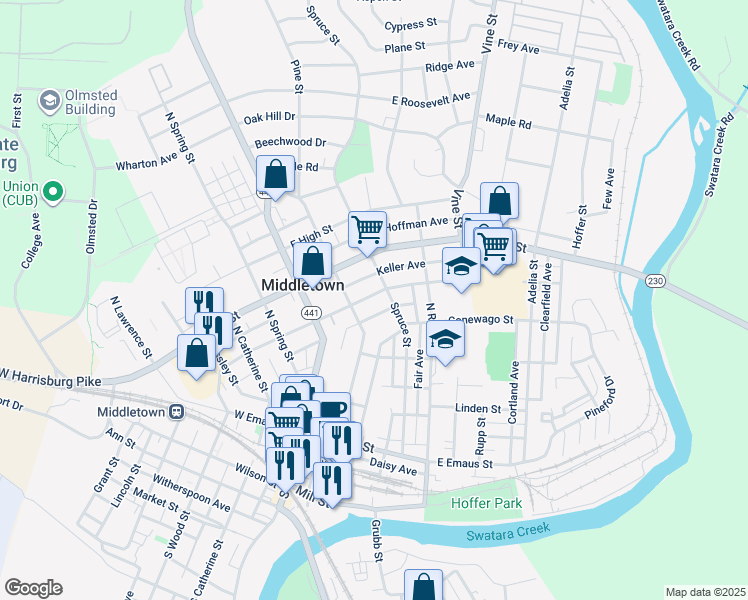 map of restaurants, bars, coffee shops, grocery stores, and more near 162 East Water Street in Middletown
