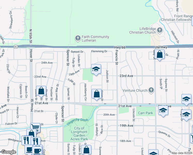 map of restaurants, bars, coffee shops, grocery stores, and more near 2235 Vivian Street in Longmont
