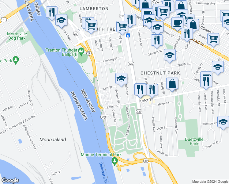 map of restaurants, bars, coffee shops, grocery stores, and more near 747 2nd St in Trenton