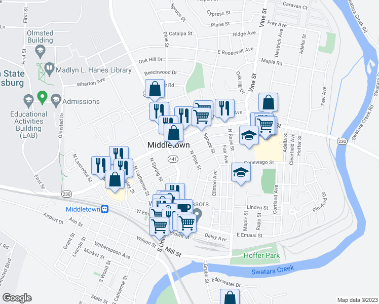 map of restaurants, bars, coffee shops, grocery stores, and more near 311 North Pine Street in Middletown