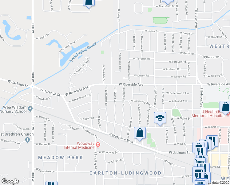 map of restaurants, bars, coffee shops, grocery stores, and more near 601 North Tyrone Drive in Muncie