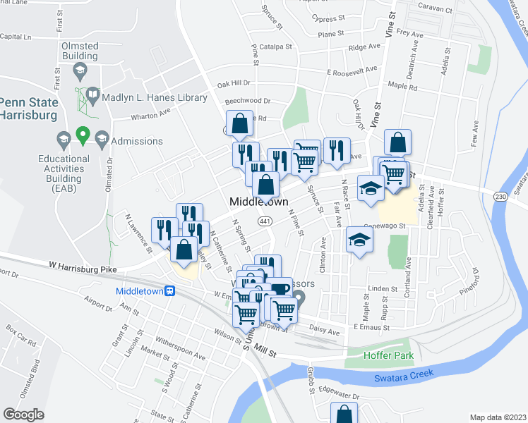 map of restaurants, bars, coffee shops, grocery stores, and more near 338 North Union Street in Middletown