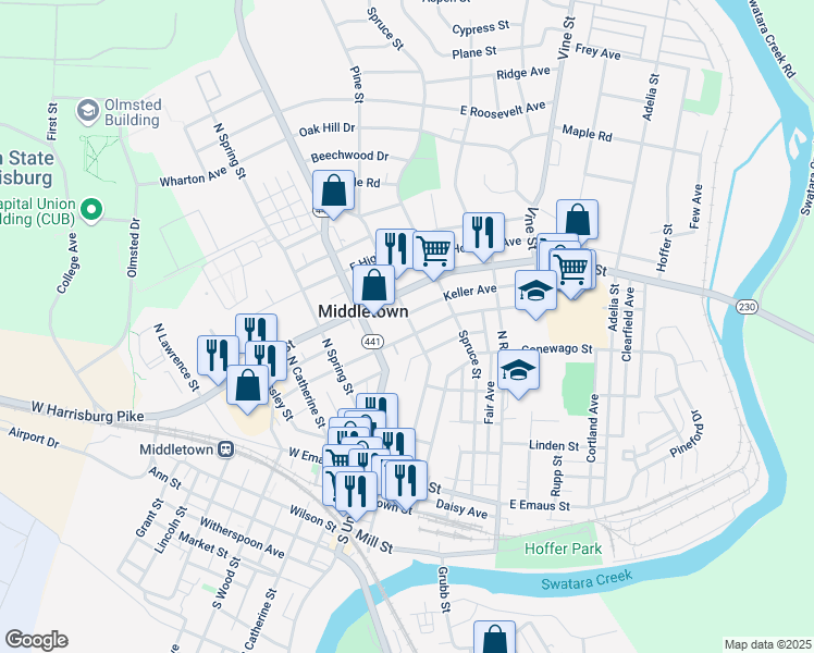 map of restaurants, bars, coffee shops, grocery stores, and more near 313 North Pine Street in Middletown