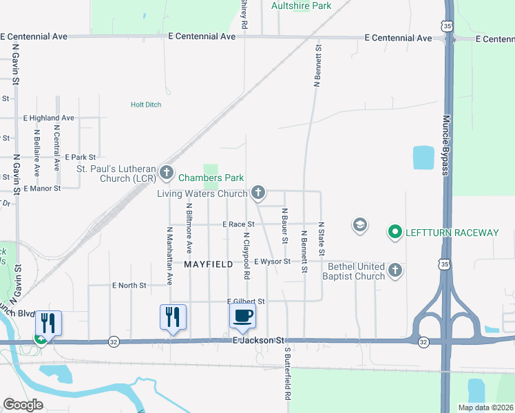 map of restaurants, bars, coffee shops, grocery stores, and more near 701 North Edgewood Drive in Muncie