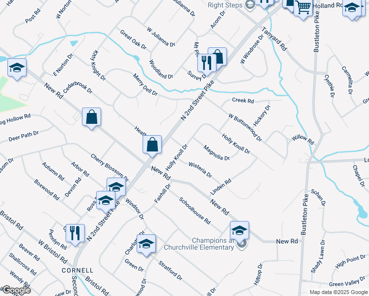 map of restaurants, bars, coffee shops, grocery stores, and more near 319 Holly Knoll Drive in Southampton