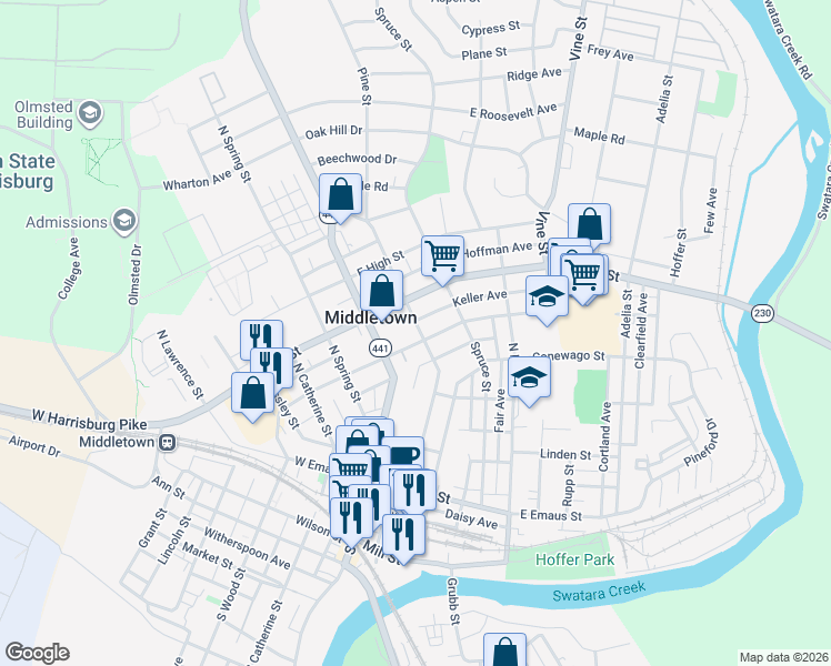 map of restaurants, bars, coffee shops, grocery stores, and more near 313 North Pine Street in Middletown