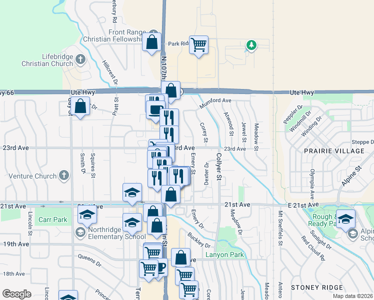 map of restaurants, bars, coffee shops, grocery stores, and more near 2255 Emery Street in Longmont