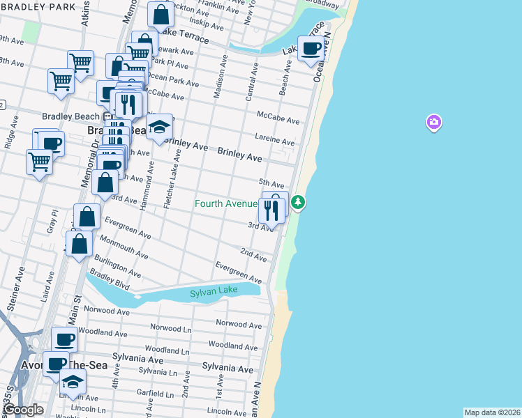 map of restaurants, bars, coffee shops, grocery stores, and more near 204 4th Avenue in Bradley Beach