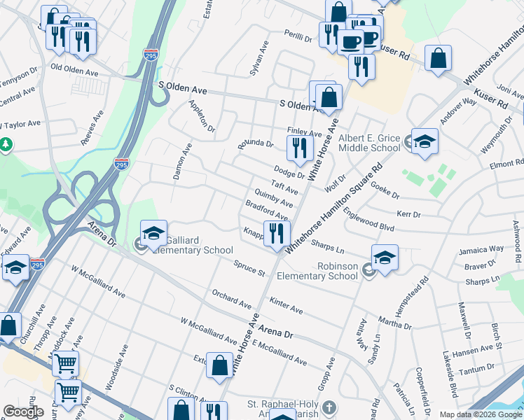 map of restaurants, bars, coffee shops, grocery stores, and more near 115 Quimby Avenue in Hamilton Township
