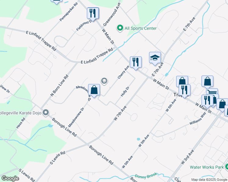 map of restaurants, bars, coffee shops, grocery stores, and more near 94 Cherry Avenue in Collegeville