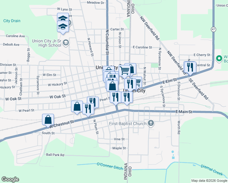map of restaurants, bars, coffee shops, grocery stores, and more near 218 North Columbia Street in Union City
