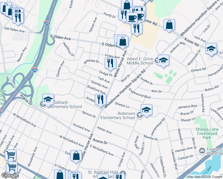 map of restaurants, bars, coffee shops, grocery stores, and more near 653 White Horse Avenue in Trenton
