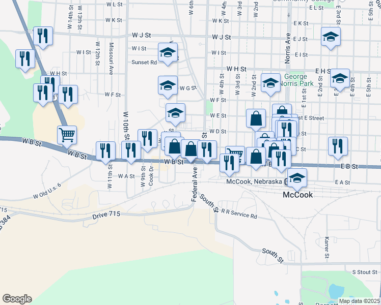 map of restaurants, bars, coffee shops, grocery stores, and more near 302 West 5th Street in McCook