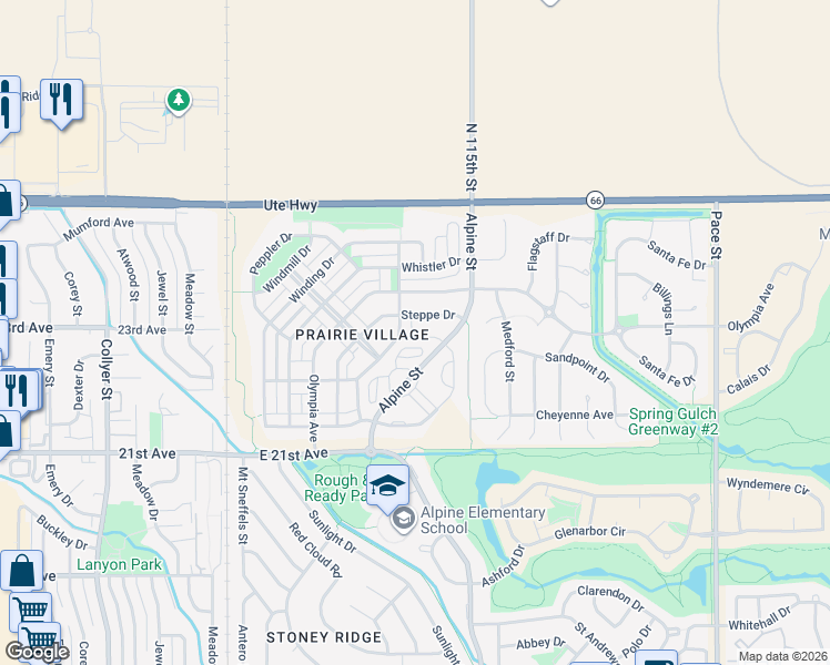 map of restaurants, bars, coffee shops, grocery stores, and more near 2412 Steppe Drive in Longmont
