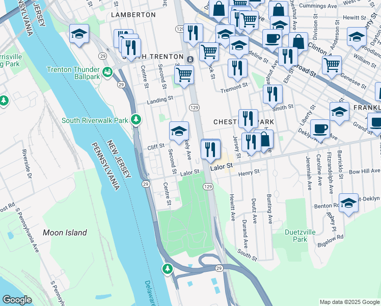 map of restaurants, bars, coffee shops, grocery stores, and more near 84 Stokely Avenue in Trenton