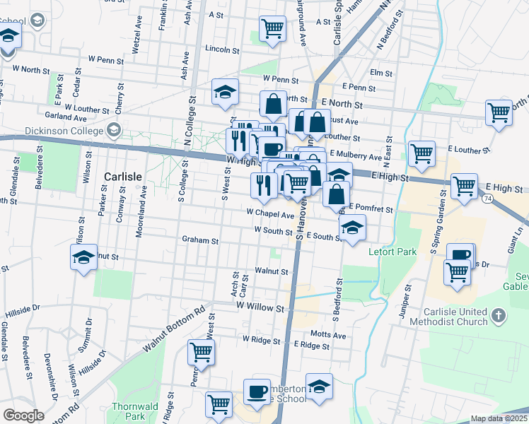 map of restaurants, bars, coffee shops, grocery stores, and more near 76 West Pomfret Street in Carlisle