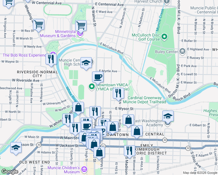 map of restaurants, bars, coffee shops, grocery stores, and more near 649 North Jefferson Street in Muncie