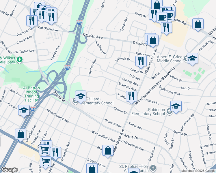map of restaurants, bars, coffee shops, grocery stores, and more near 60 Bradford Avenue in Trenton