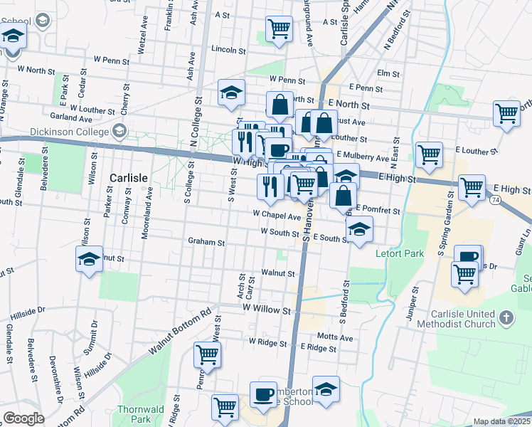 map of restaurants, bars, coffee shops, grocery stores, and more near 130 South Pitt Street in Carlisle