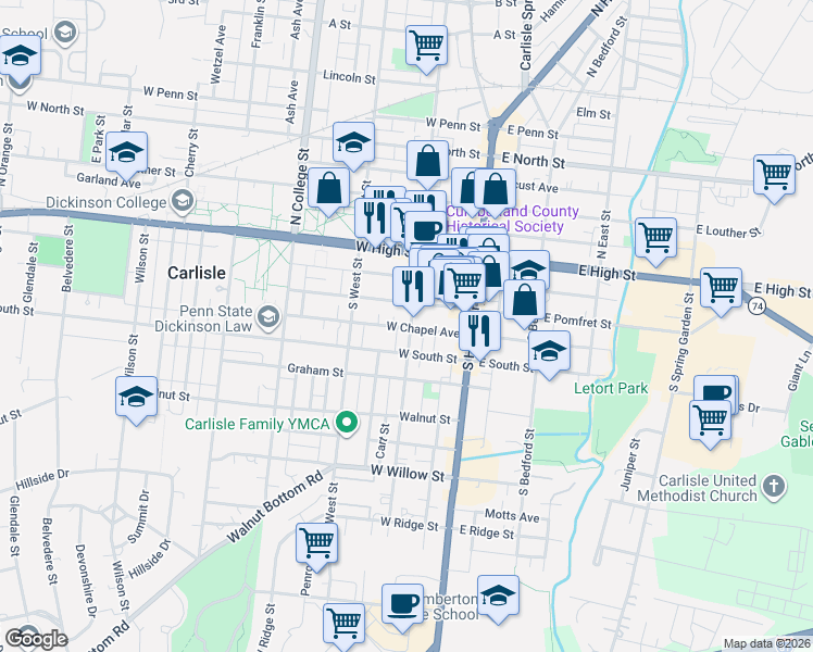 map of restaurants, bars, coffee shops, grocery stores, and more near 76 West Pomfret Street in Carlisle