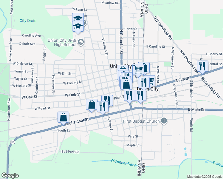 map of restaurants, bars, coffee shops, grocery stores, and more near 401 West Oak Street in Union City