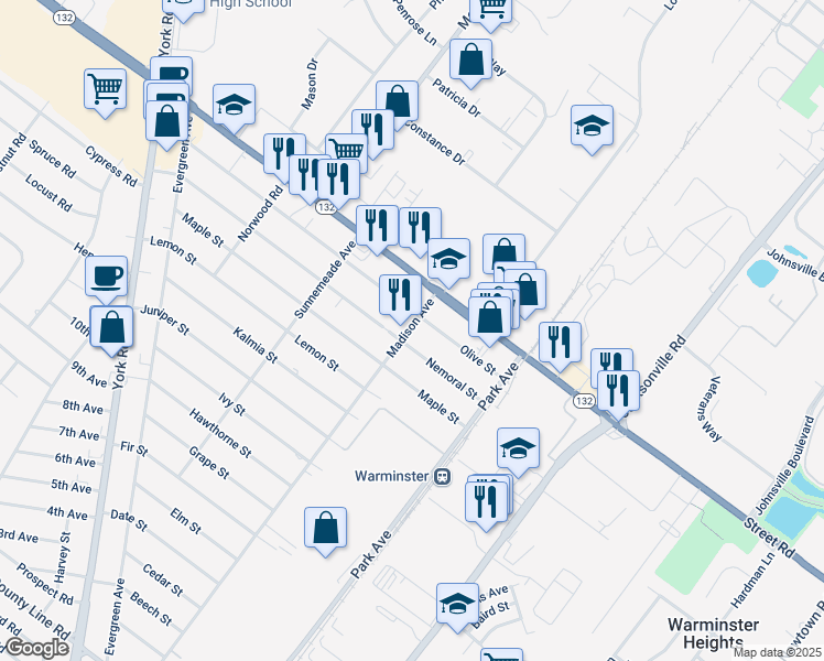 map of restaurants, bars, coffee shops, grocery stores, and more near 549 Madison Avenue in Warminster
