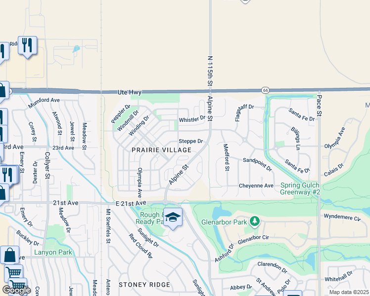 map of restaurants, bars, coffee shops, grocery stores, and more near 2412 Steppe Drive in Longmont